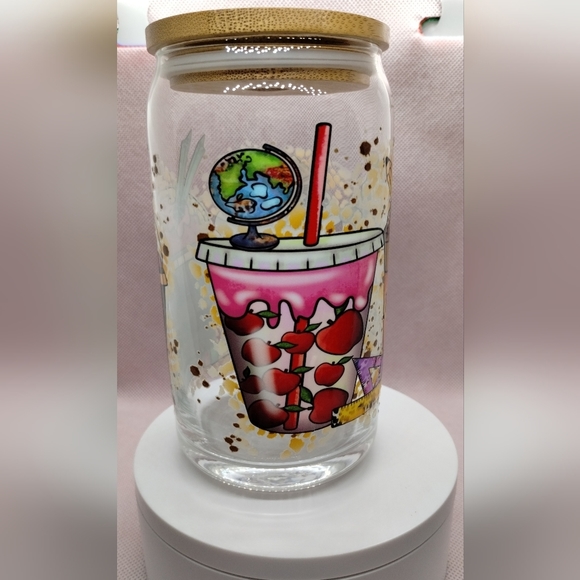 Teacher Life Glass Cup with Bamboo Lid and Glass Straw - NEW Handmade - Picture 6 of 9